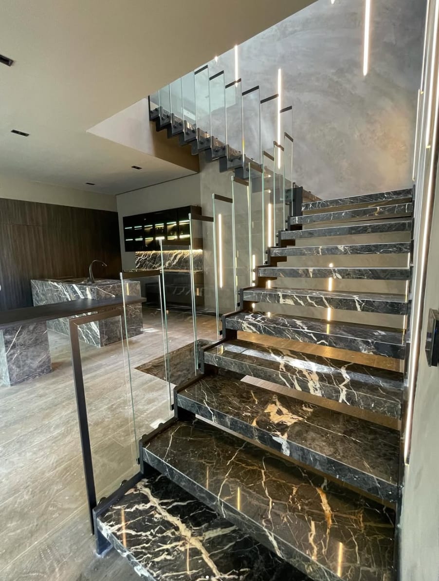 Frameless glass balustrade marble staircase